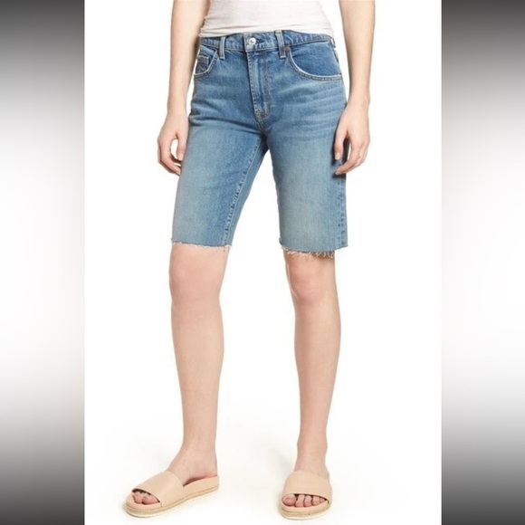 7 FOR ALL MANKIND High Waist Bermuda Denim Shorts Size 26 Medium Wash Raw Hem - Picture 14 of 15